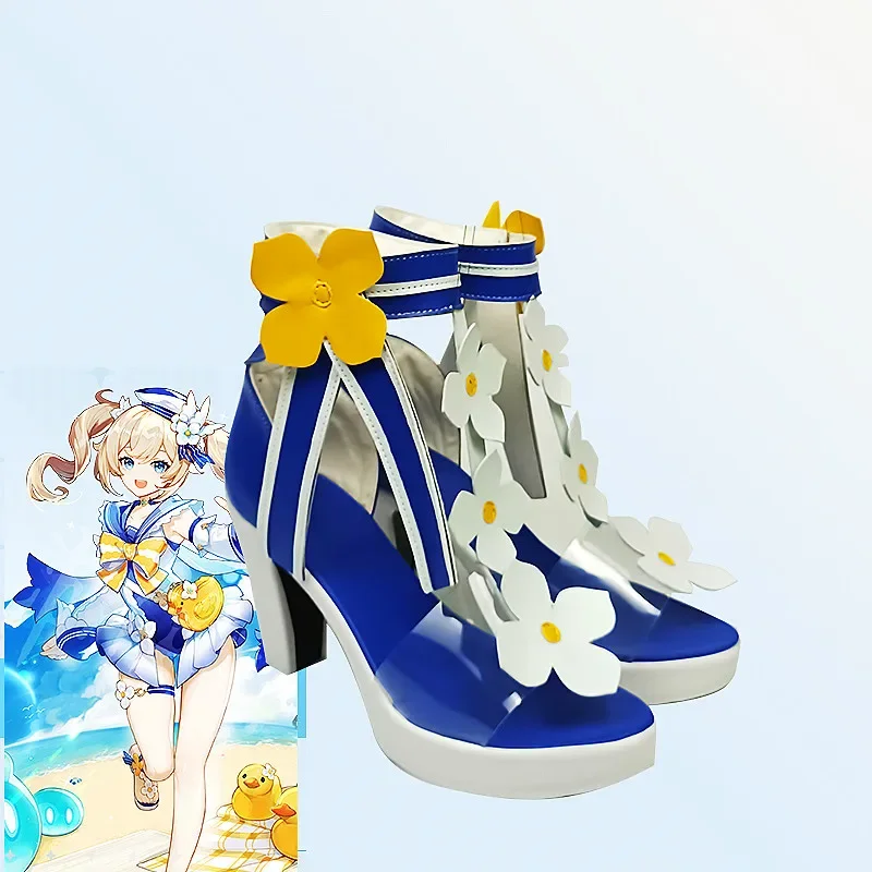 เกมใหม่อะนิเมะ Genshin Impact ฤดูร้อนรองเท้าหนังสังเคราะห์ Barbara คอสเพลย์รองเท้าแตะขนาดหนังรองเท้าเล่นตามบทบาท