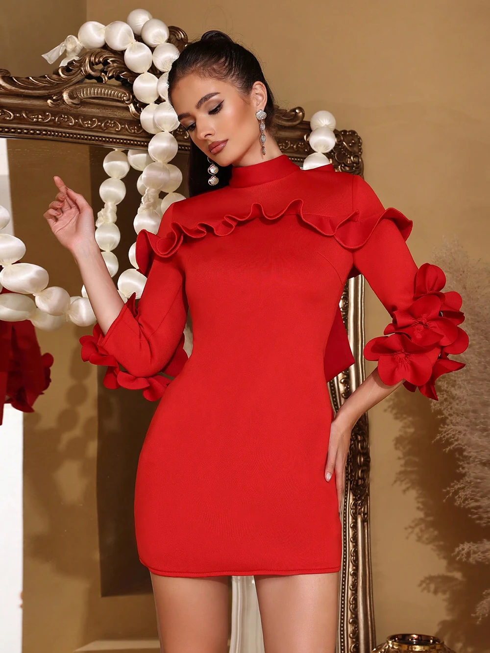 Modphy Spliced ​​Appliques 여성을위한 슬림 미니 드레스 스탠드 넥 3/4 슬리브 기질 드레스 여성