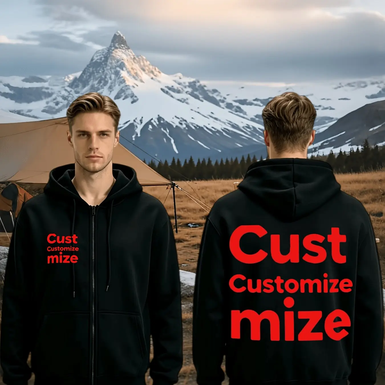 Men's Customized Front-Back Printed Hooded Sweatshirt - Regular Fit Long-Sleeved Sports Zipper Jacket with Personalized Custom