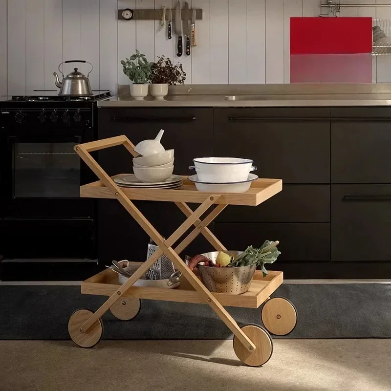 Solid wood moving side table, trolley, living room sofa double-layer hand push dining side car