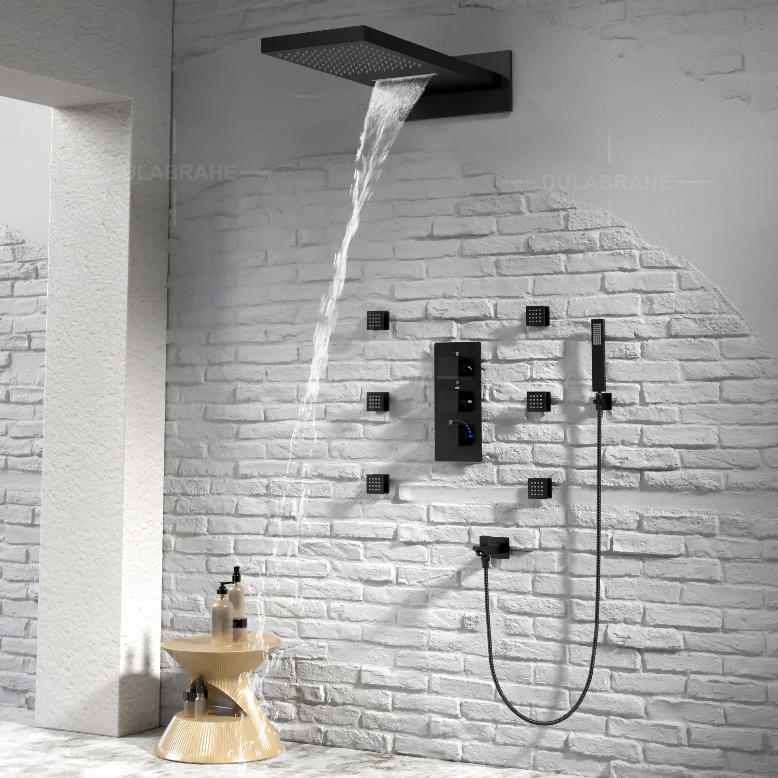 Bathroom Concealed Shower Set Multifunctional Copper Black Wall Canopy Flying Rain Waterfall Shower Head