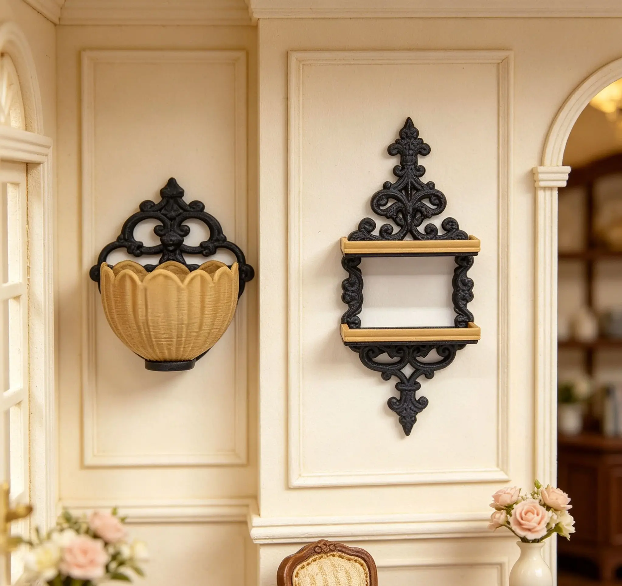

12 Scale Miniature Wall Decor Set for Dollhouse Vintage Ornate Shelf And Flower Basket Wall-Mounted Storage for Diorama Scene