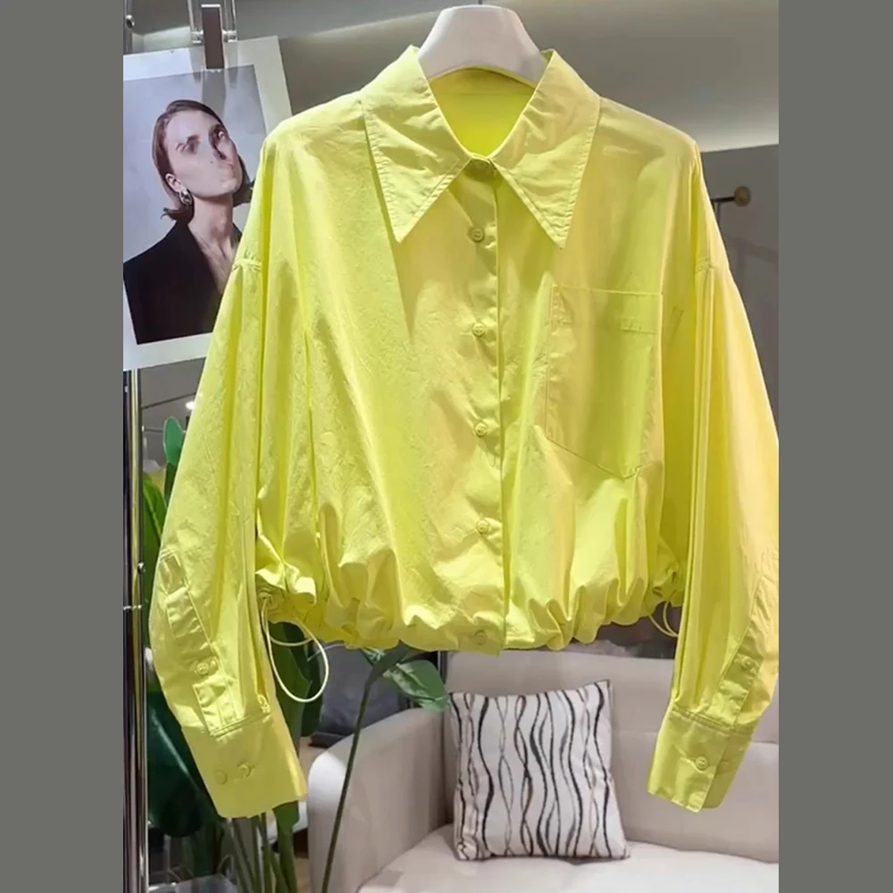 

Fluorescent yellow design shirt femininity long-sleeved hem waist drawstring shirt top spring and summer 2025 new