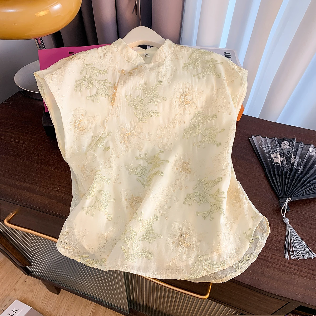 

Ele китайская блузка с воротником-стойкой, женская летняя элитная блузка в стиле ретро с вышивкой на пуговицах и воротником-стойкой, уникальный топ