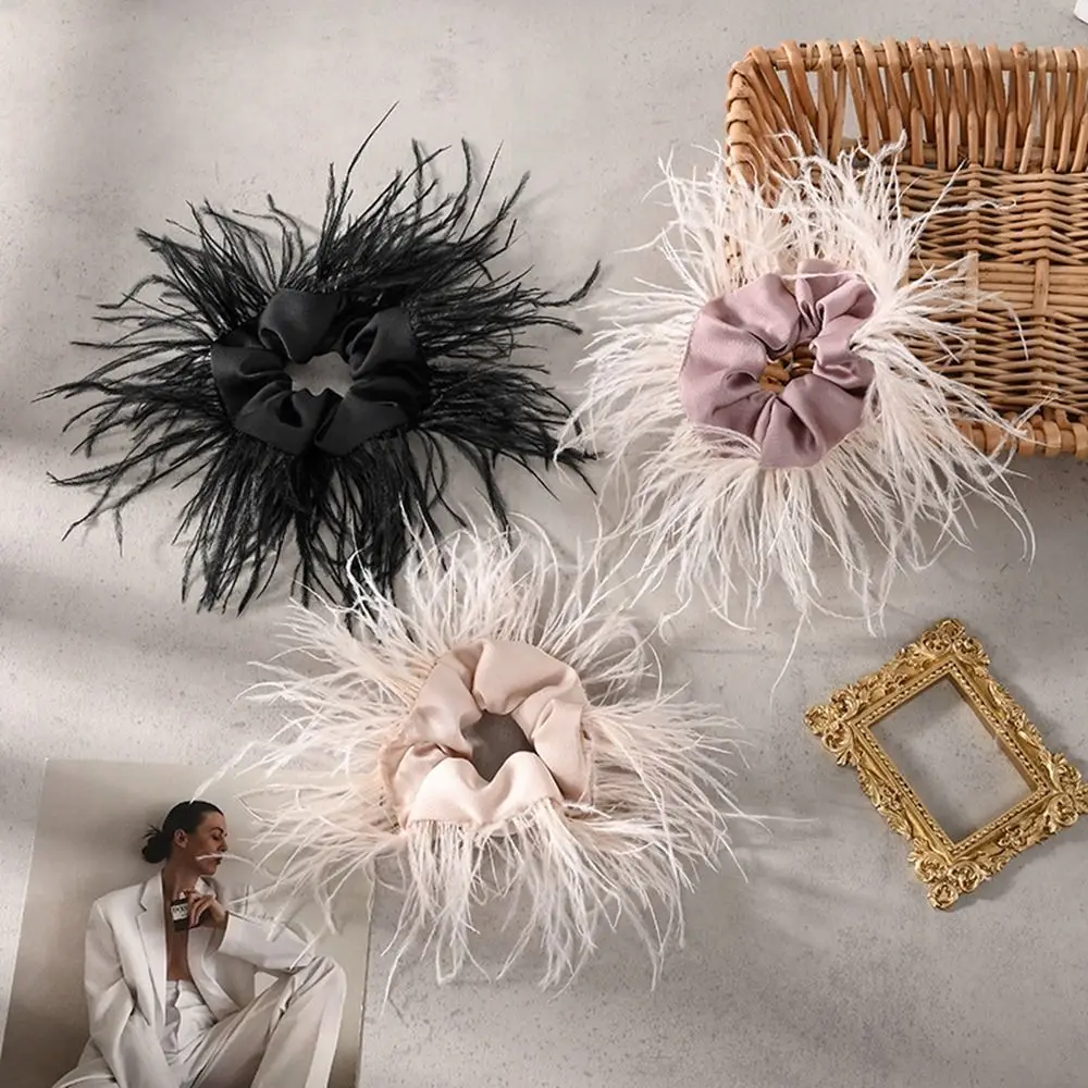 

2022 Black Ostrich Feather Hair Rope Headwear Scrunchies Holder Women Hair Accessories Elastic Hair Bands