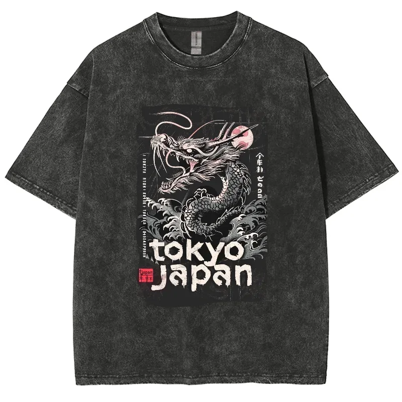 Ukiyoe Dragon Shirt Japan Tokyo Fantasy, Hiphop Y2K Washed T-shirt, Oversized Streetwear Vintage Washed T shirts For Men Women