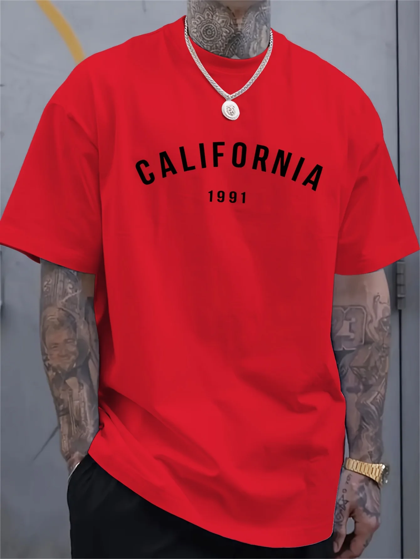 تي شيرت رجالي صيفي 100% من القطن الخالص عصري فضفاض رياضي كاليفورنيا 1991 نمط طباعة رقبة مستديرة وأكمام قصيرة تي شيرت علوي