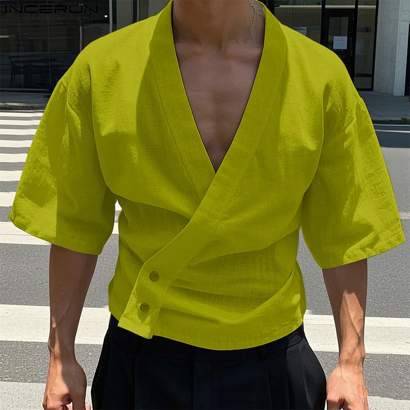

INCERUN летние топы с коротким рукавом, повседневные мужские рубашки, модные топы, уличная одежда, повседневная футболка с v-образным вырезом и пуговицами, однотонная мужская одежда