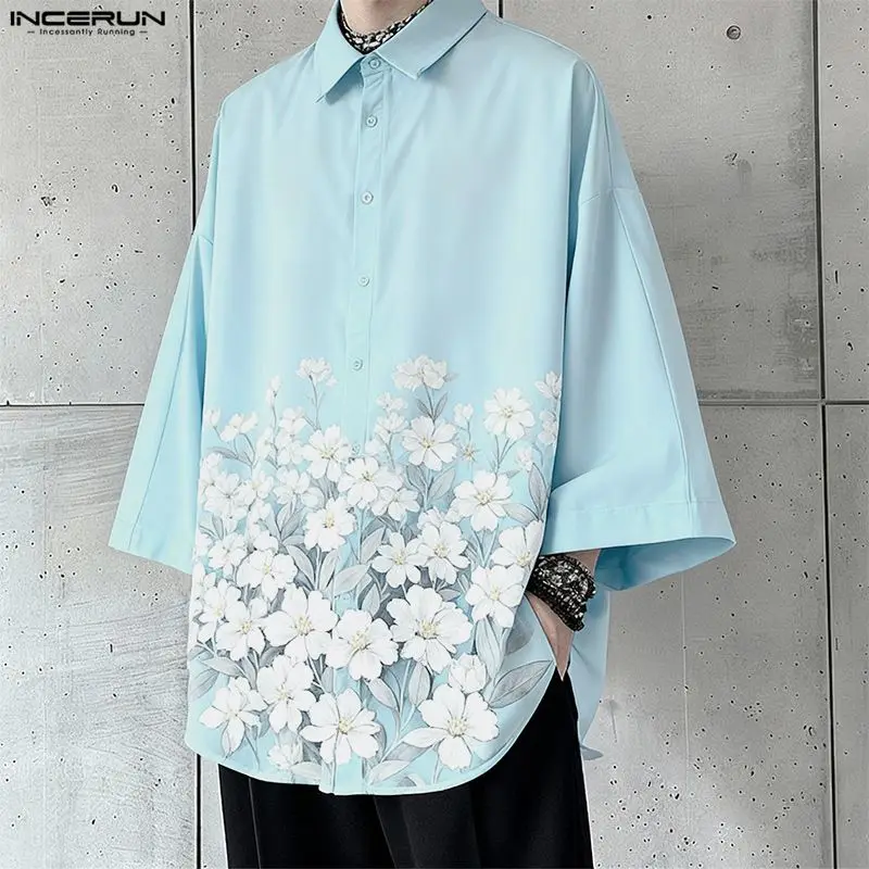 

Мужская рубашка INCERUN с цветочным принтом, отложным воротником, длинным рукавом, свободного кроя, повседневная мужская одежда в корейском стиле, уличная мода 2026, модные топы для отдыха
