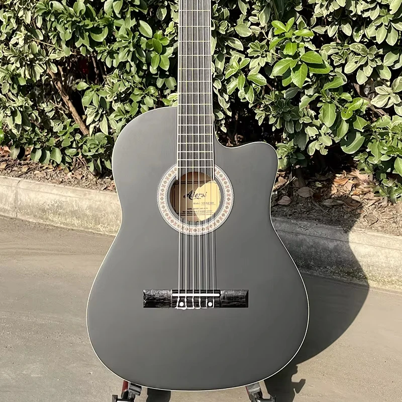 

High Quality Professional Beginner Black Colour Cutaway Classical Guitar with Nylon String Linden Wood Topboard