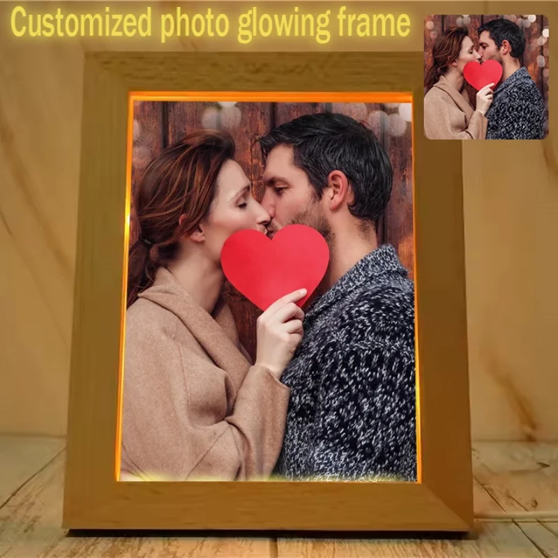 Custom photo acrylic USB wooden luminous photo frame decoration set, warm light white light, Valentine's Day Christmas birthday