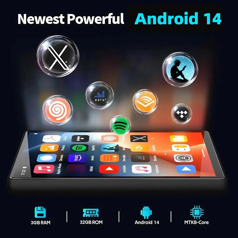 مشغل MP3 أندرويد 14 بلوتوث 5.0 مشغل موسيقى بدون فقدان 4.0 بوصة شاشة لمس كاملة مشغل MP3 مكبرات صوت مدمجة للمشي