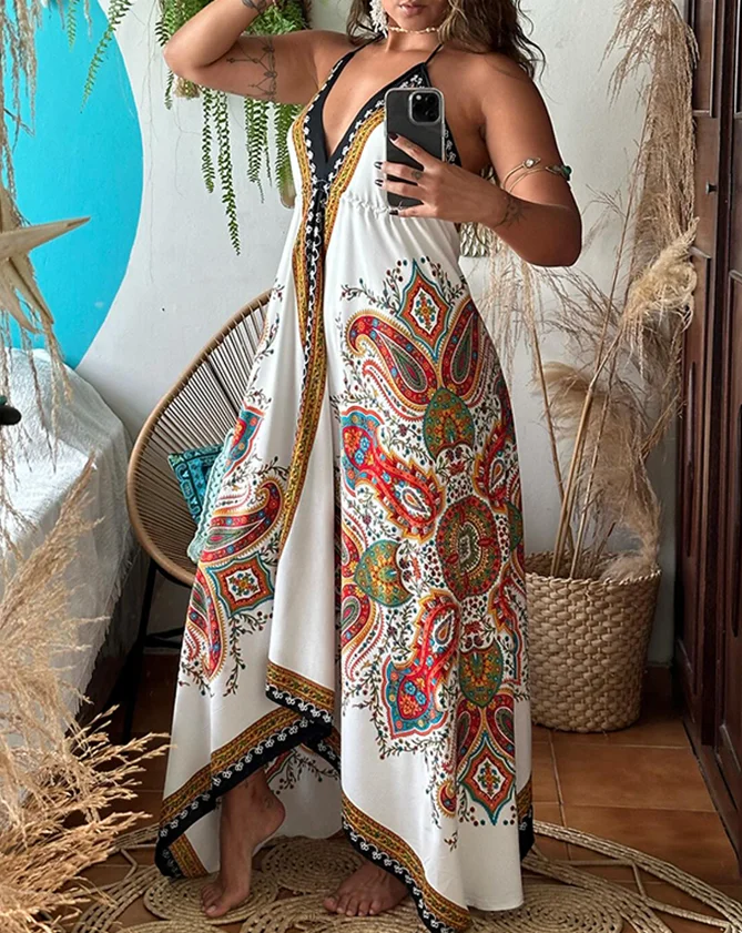 Womens Dresses Summer Tribal Print Plung V Neck Sleeveless Maxi Dress Women's Caual Halter A Line Asymmetrical Vacation Dresses