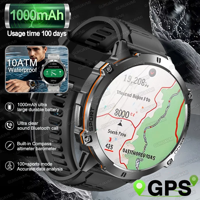

New Men Military Outdoor 1000mAh Battery Smart Watch GPS 10ATM Waterproof Swim Sports Watches AMOLED Bluetooth Call Smartwatch