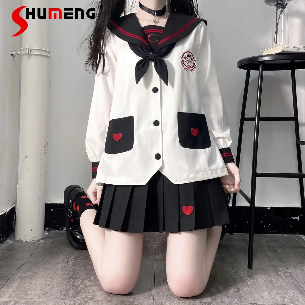 Original Cute Jk Uniform Suit Japanese College Style Sweet Long Sleeve Sailor Suit Top Short Pleated Black Skirt 2 Pieces Set