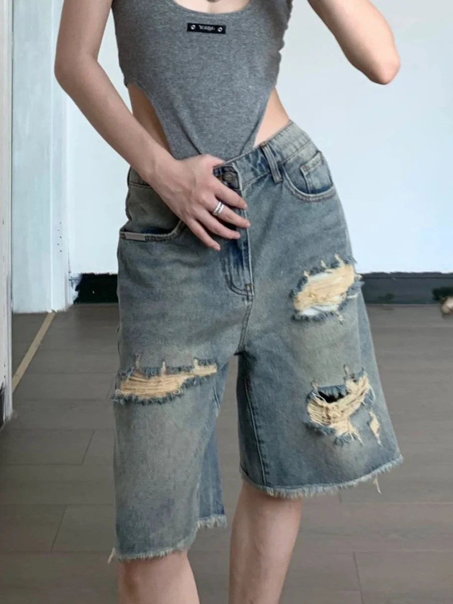 Retro Harajuku Style Women's Jeans Summer Loose High Waist Skinny Hole Punching Shorts Wide Leg Five-Point Cut-off Trousers