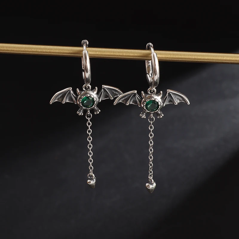 Retro Gothic Devil Bat Pendant Earrings Studded with Green Zircons for Men Women Fashion Cool Holiday Party Jewelry