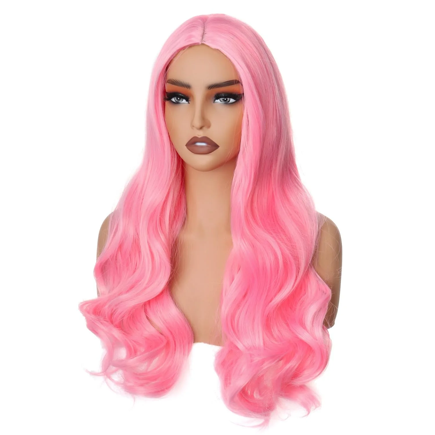 Pink Parted Long Curly Hair Synthetic Wig, Hot Wire Wig Set for Halloween Party Cosplay, Role-Playing Wig, Daily Wig