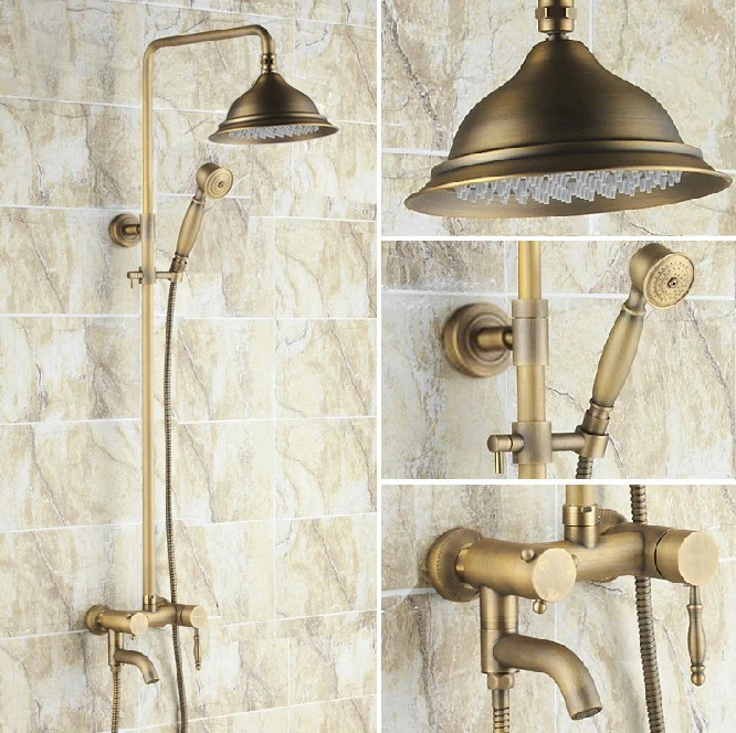 

Rainfall/Handheld Shower Faucet Set Vintage Antique Brass Wall Mounted Bathroom Bath Tub Hot And Cold Water Taps Kit Drs150