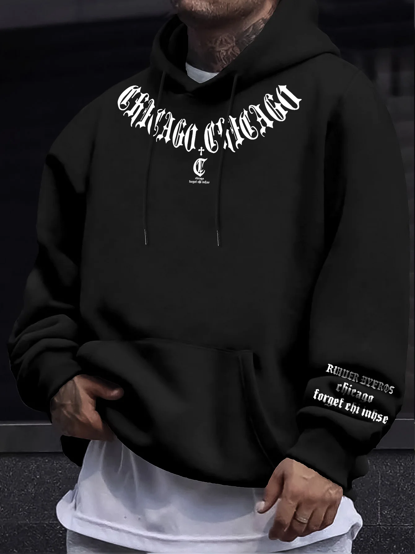 Moletom Masculino de Lã com Estampa de Letras Góticas, Quente para o Inverno, Roupa Esportiva, Moletom Casual Solto para Treino, Pulôver