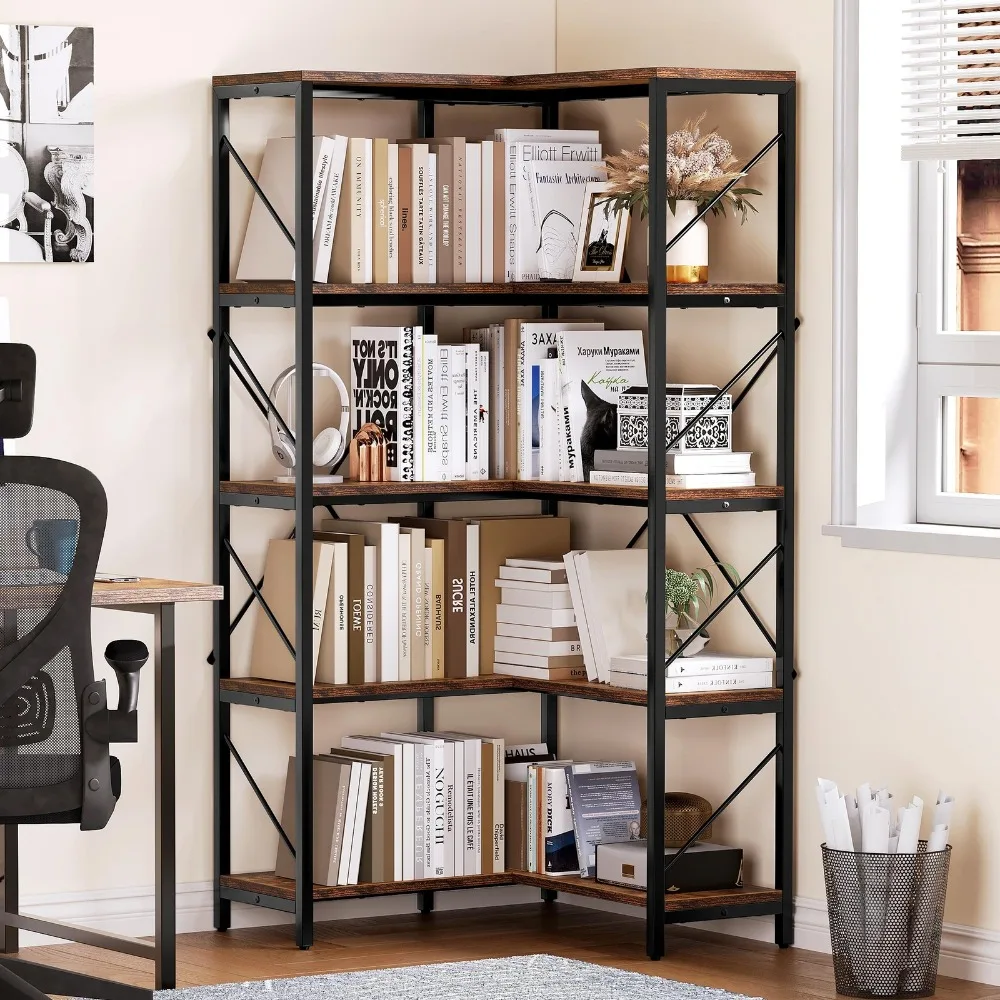 5-Tier Bookshelf L-Shaped Corner Bookcase with Metal Frame Display Shelf