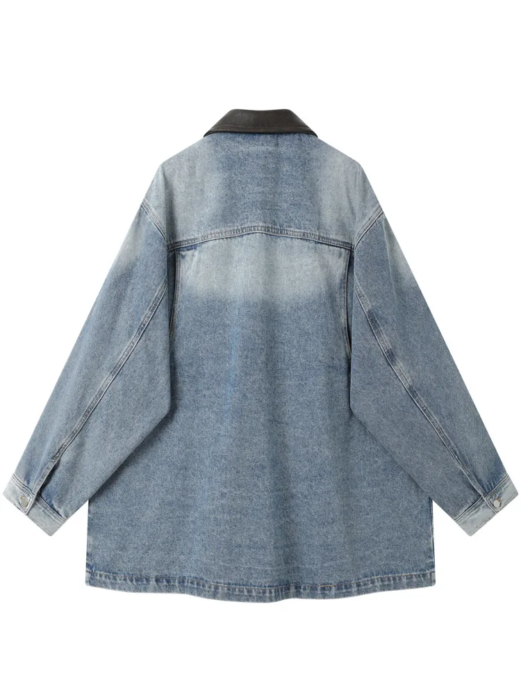 Damska lekka kurtka jeansowa ZMEENNA z czarnym kołnierzem ze skóry PU, zapinana na guziki, kurtka typu shacket z czterema kieszeniami, jesienna, model ZM4281