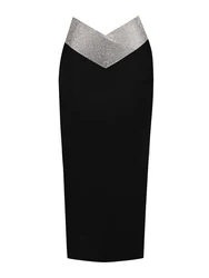 Women Crystal Diamonds White Black Bodycon Midi Bandage Skirt 2023 Designer High Waist Party Club Pencil Skirt 77cm