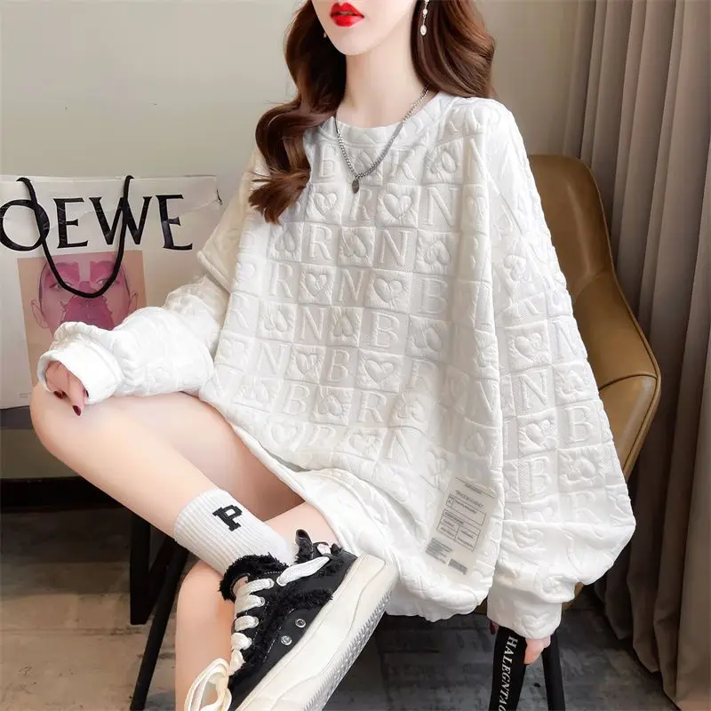 Simplicity Fashion Autumn Thin Women's Solid Waffler Three-dimensional Decoration Casual Long Sleeve Oversize Sweatshirts Tops