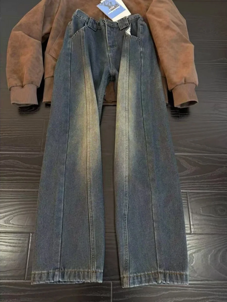 

American High Street Vintage Knife Jeans Wide Leg Pants Workwear Waed Outfit Versatile Straight Cut Loose Fit Jeans