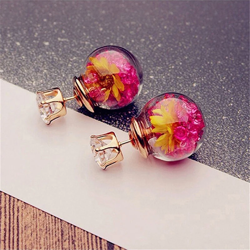 2023 Simulated Glass Ball Earrings Flower Korea Jewelry Double Side Ball Stud Earring Statement For Women