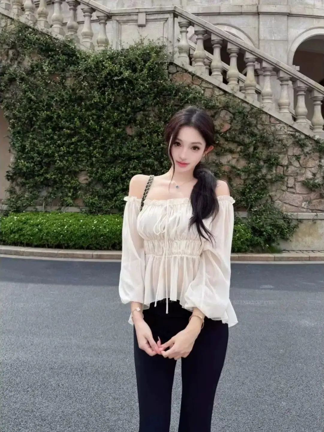 Pure Desire Drawstring Wooden  One Shoulder Lantern Sleeve Chiffon Shirt Women Early Autumn New Style Atmosphere Slim Wai...
