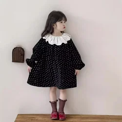 Girls Korean Dress 2024 Autumn New Floral Dress Childrens Lace Black Lapel Princess Dress Kids Clothes Girls