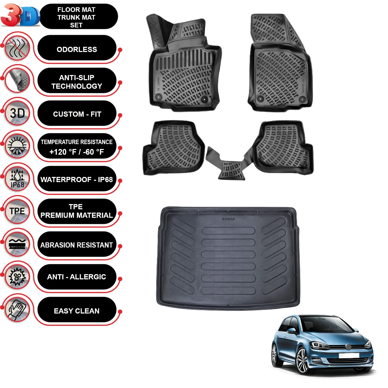 Volkswagen Golf 6 - (2009-2013) - Floor Mats + Cargo Trunk Liner - SET - (Black)