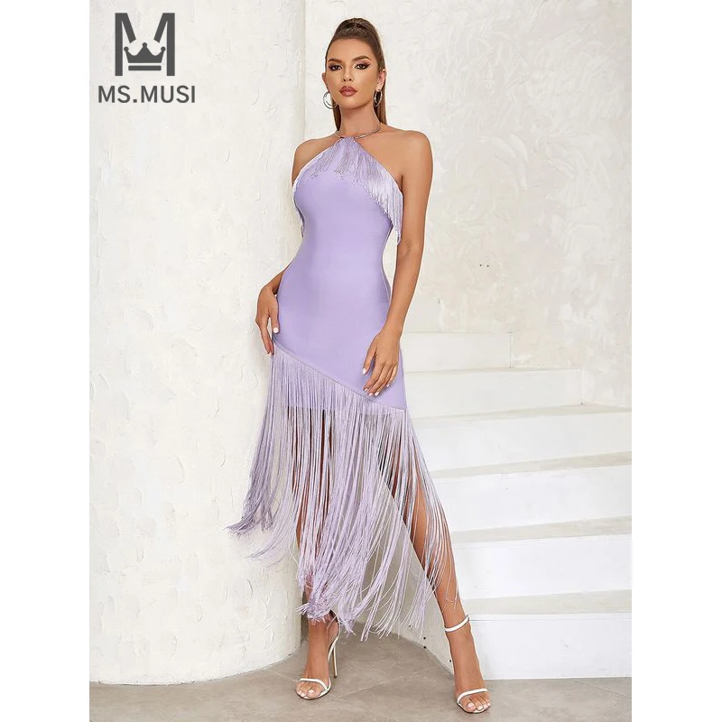 

MSMUSI 2024 New Fashion Women Sexy Solid Halter Tassels Sleeveless Backless Bandage Bodycon Party Club Event Midi Dress Vestidos