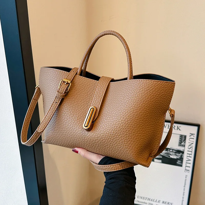 Fashion Lychee Texture PU Crossbody Bag for Women New American Style Retro Bucket Bag Versatile Commuting Shoulder Bag
