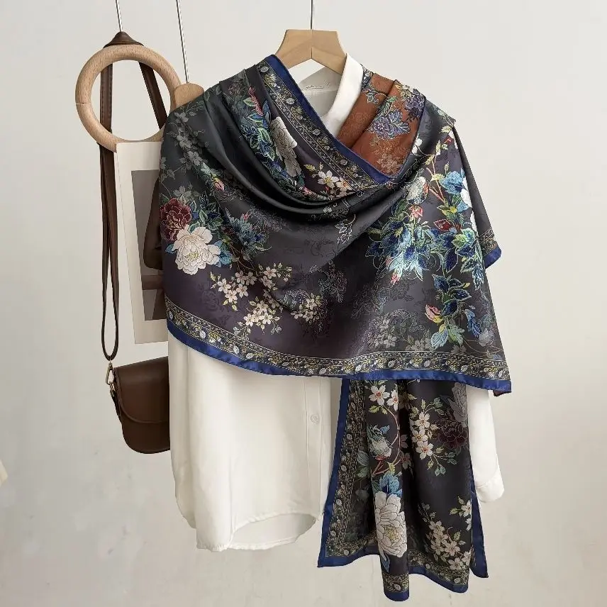 夏の新作両面プリント多用途シルクスカーフショルダーショール香りの良い雲シルクロングスカーフ馬の下の空小衆向けマルベリーシルクスカーフ