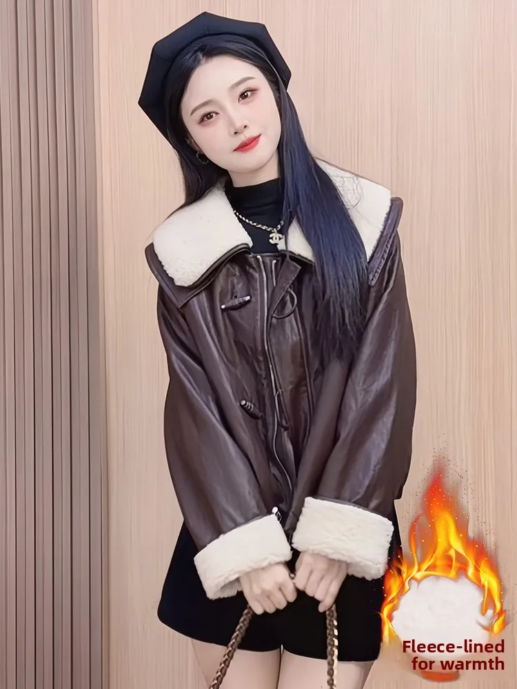 السيدات Fce اصطف ثي الشتاء الدافئ Jaet كسول Sle معطف جلد المرأة Faion بسيط فضفاض صالح طويل Sve سستة إغلاق