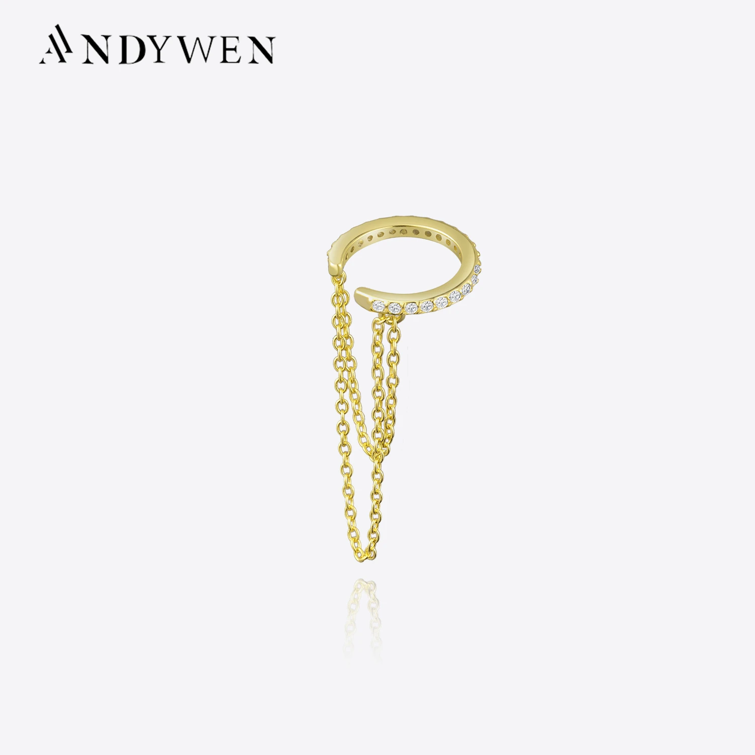 

ANDYWEN 100% 925 Sterling Silver Gold Single Pavee Cuff Chain None of Piercing Clips Women Rock Punk Earcuff Wedding Jewelry