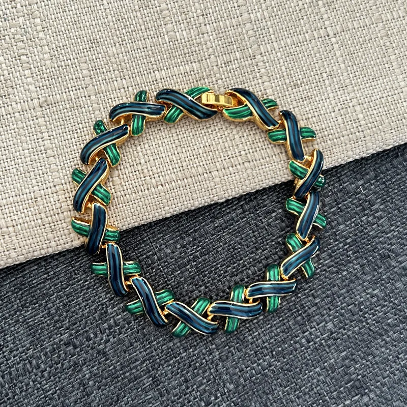 

New vintage enamel glaze copper gold-plated wavy blue and green geometric cross-buckle bracelet necklace jewelry set for women