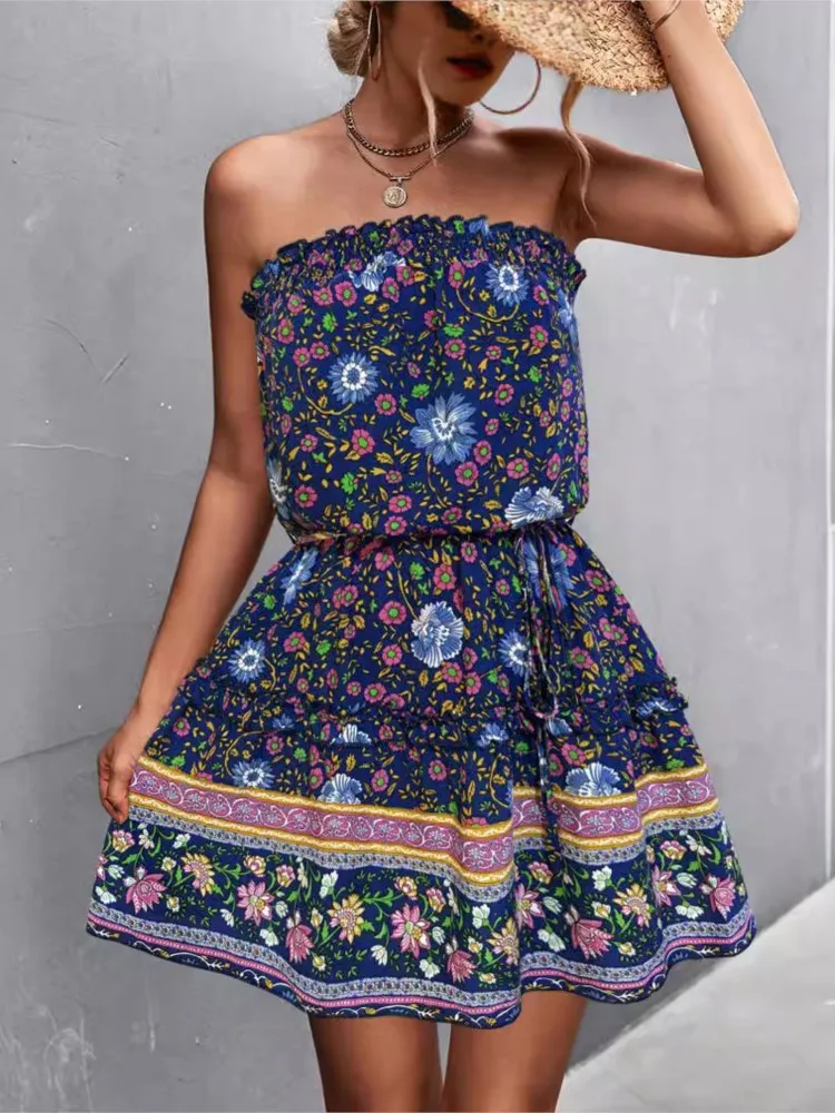 2024 Spring Summer New Women's Fashion Bohemian Print Fragmented Flower Sexy Sleeveless Bra High Waist Short Lace Up Waist Dress