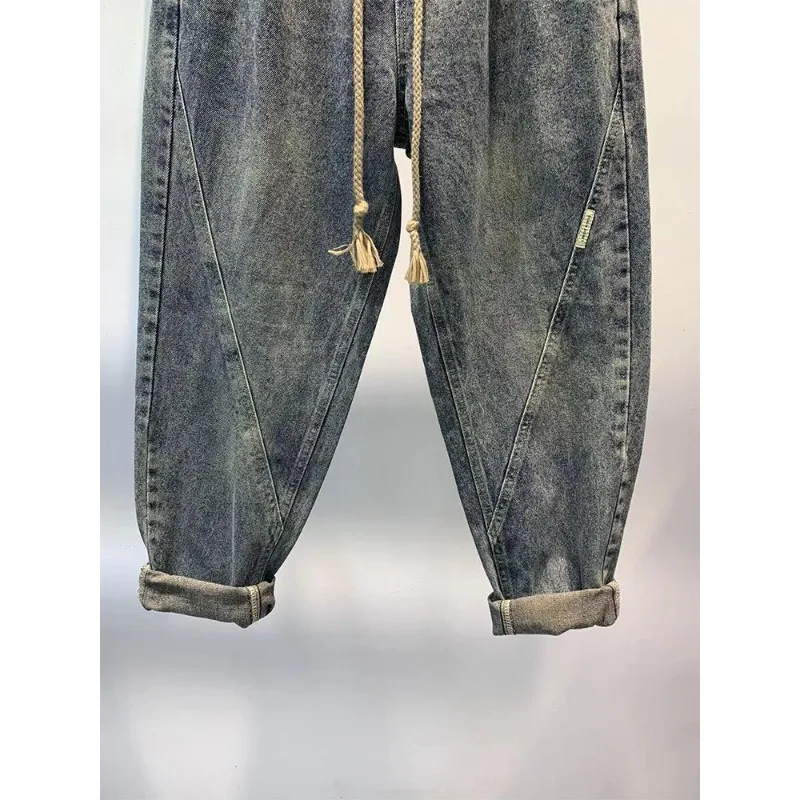 Spring Autumn 2025 Korean Style Loose Waistband Vintage Loose Denim Pants Men's Trendy Brand Radish Baggy Drawstring Harem Pants