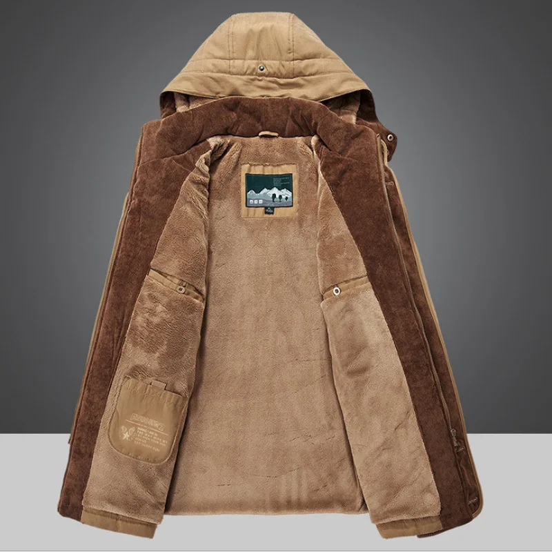 Parka de lana de longitud media para hombre, chaqueta de bolsillo gruesa y cálida de alta calidad para nieve al aire libre, chaqueta acolchada de algodón con capucha a prueba de frío, Invierno