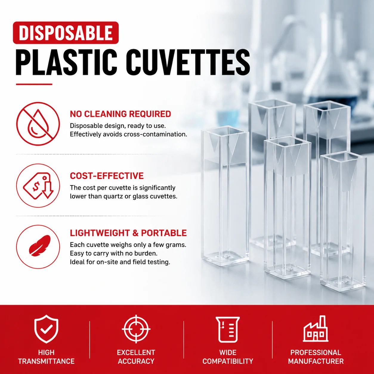Einweg-Plastikküvetten 10mm PL 4,5ml 100 Stück 2 Ausführungen Hohe Lichtdurchlässigkeit Integralgeformte Labor-Spektrophotometer-Küvetten – Detail 4