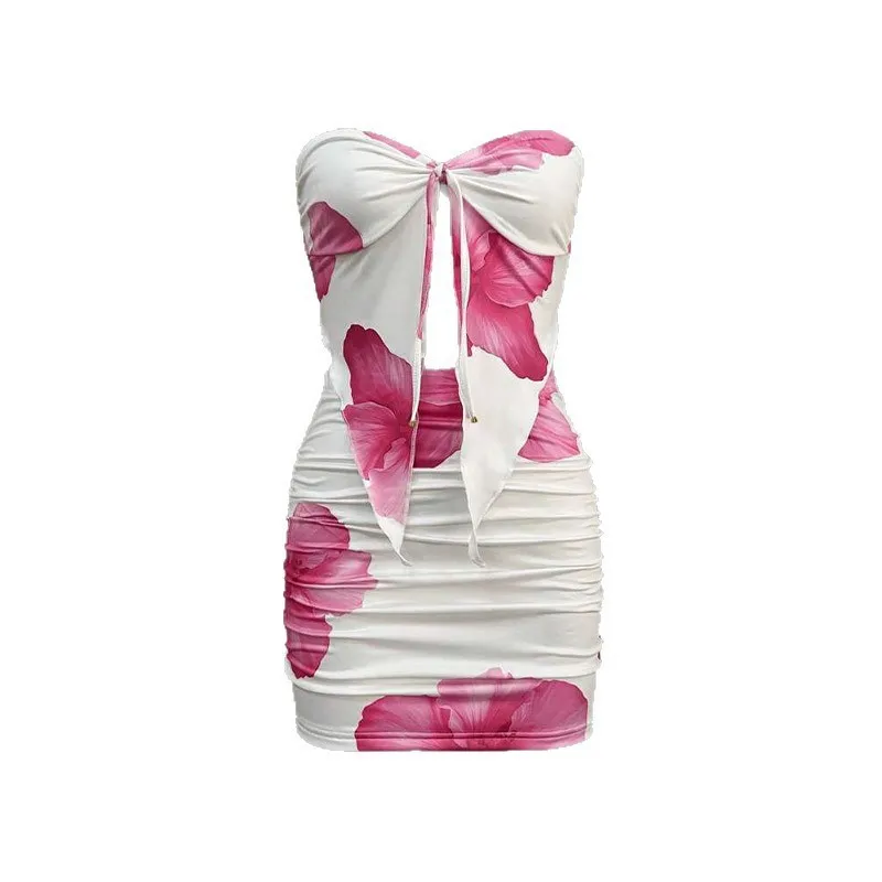 Set da due pezzi sexy stile vacanza sottile moda stampato asimmetrico con spalle scoperte top con lacci mini pacchetto gonna anca per le donne