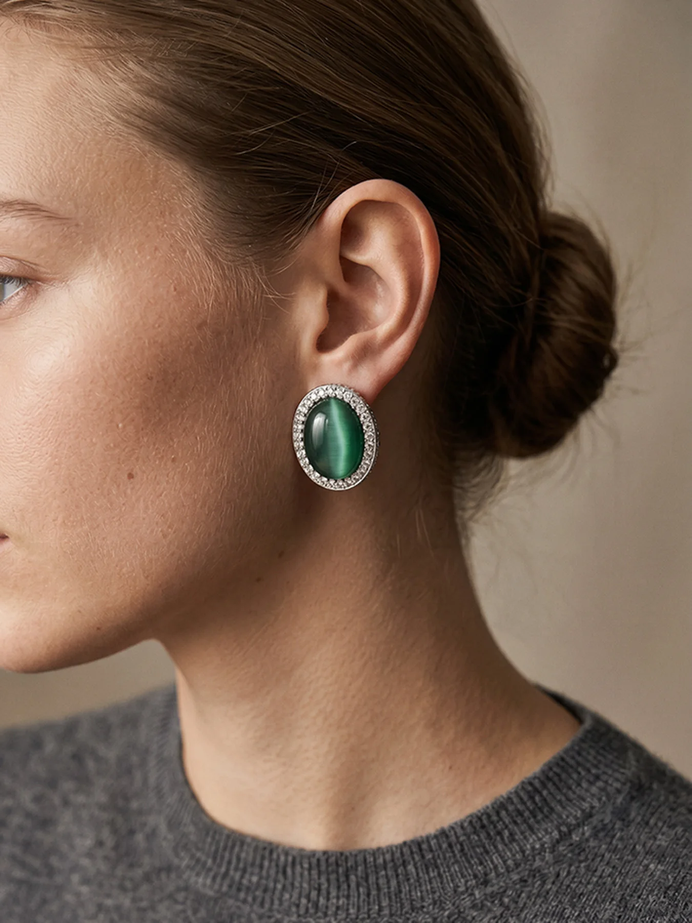 Luxury Cabochon Green Cat Eye Earrings, Oval Gem With Full Paved Rhinestone Vintage Evening Earrings