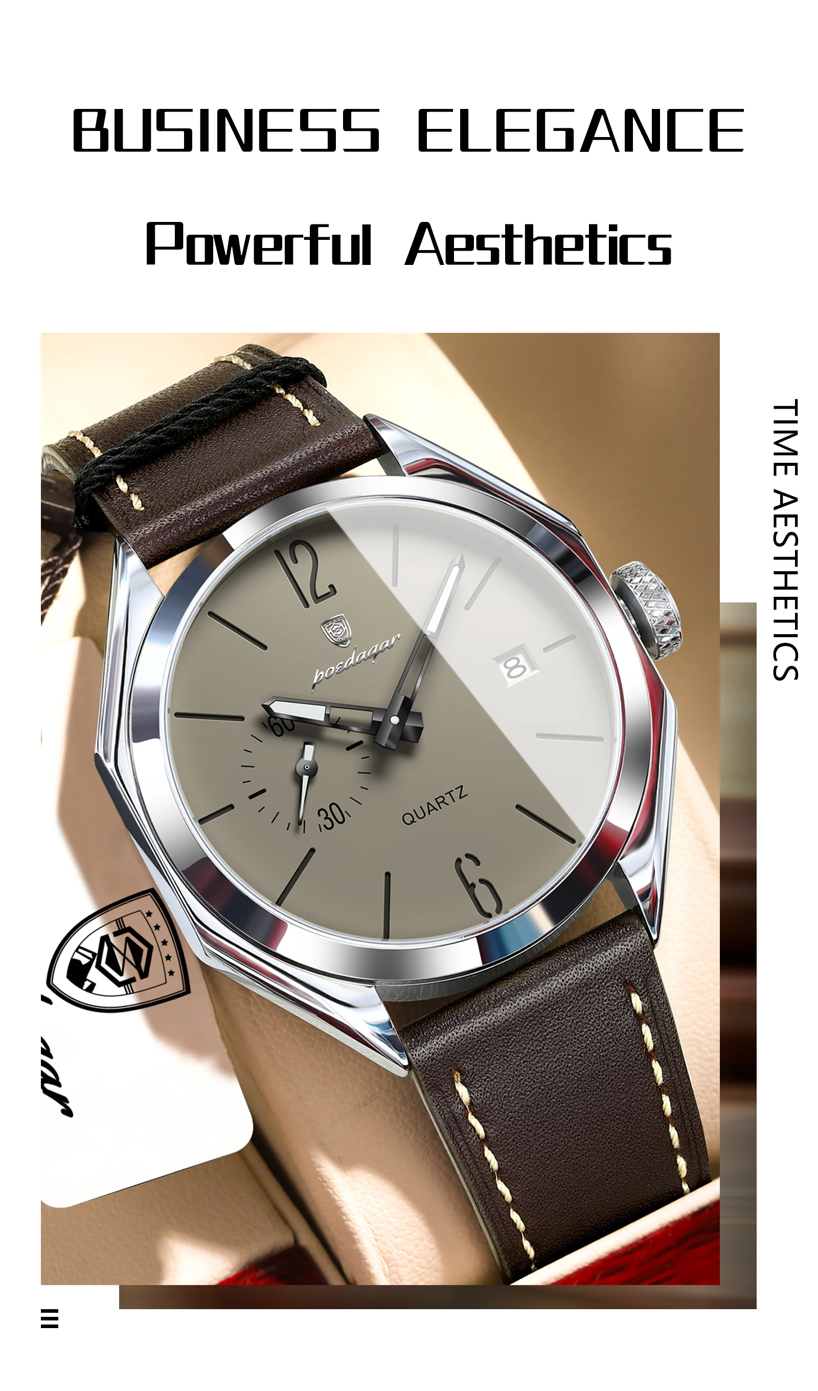 POEDAGAR Top-Mode Herrenuhr, Business, wasserdicht, leuchtend, Lederarmbanduhr, Datum, hochwertige Quarzuhr, Herrenuhr, Reloj – Detail 13