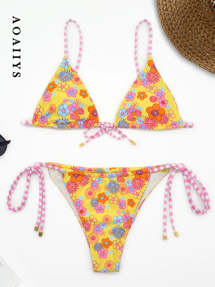 

Aoaiiys Floral Printed Sexy Bikini Set Women Swimsuit Two-Piece Female Halter Lace Up Swimwear Bathing summer Fashion Beachwear
