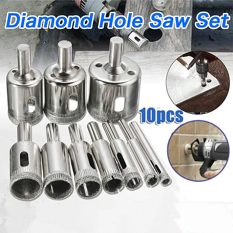 

Набор алмазных коронок (10 шт.) 3-50 мм для сверления стекла, мрамора, фарфора, плитки