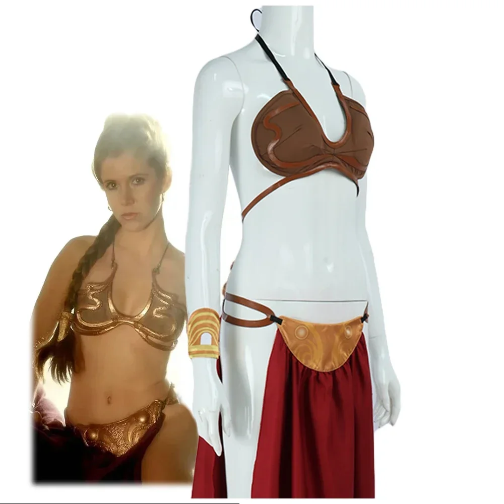 

Princess Leia Cosplay Sexy Slave Dress Costume Movie Gold Color Fantasy Bikini Suit for Women Halloween Party Roleplay Outfit