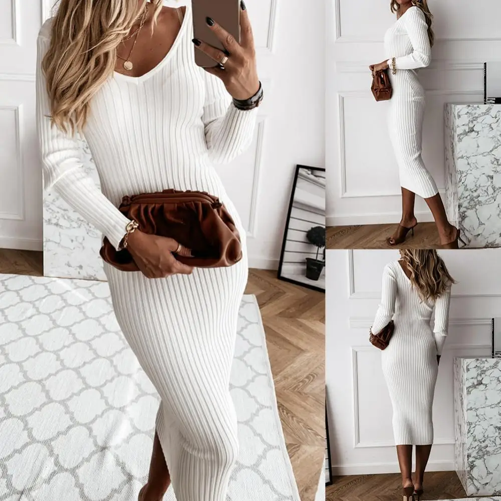 

Women Autumn Solid Color V Neck Long Sleeve Ribbed Knitted Bodycon Maxi Dress Women's clothing женское платье vestidos 2020